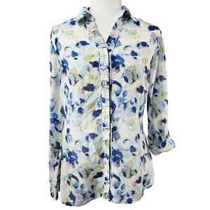 Coldwater Creek Silk Blend Watercolor Petal Roll Tab Sleeve Button-Up Shirt